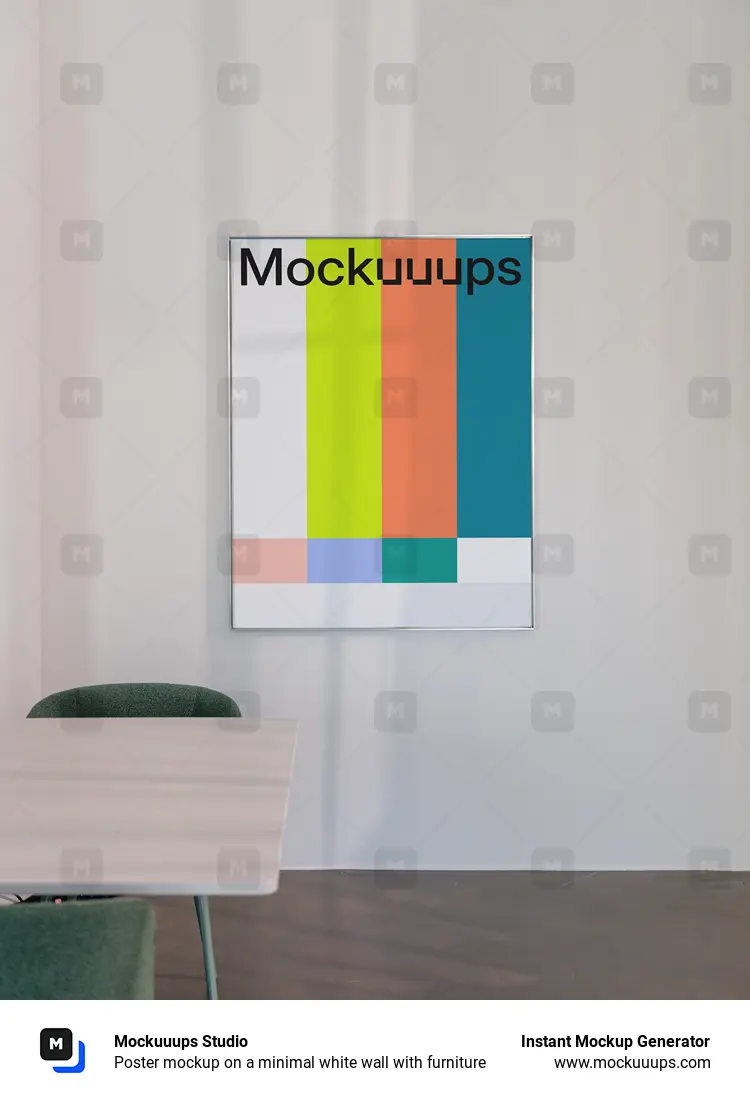 Poster mockup on a minimal white wall with furniture