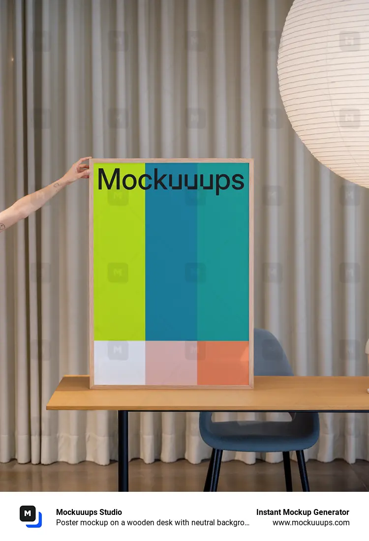 Poster mockup on a wooden desk with neutral background