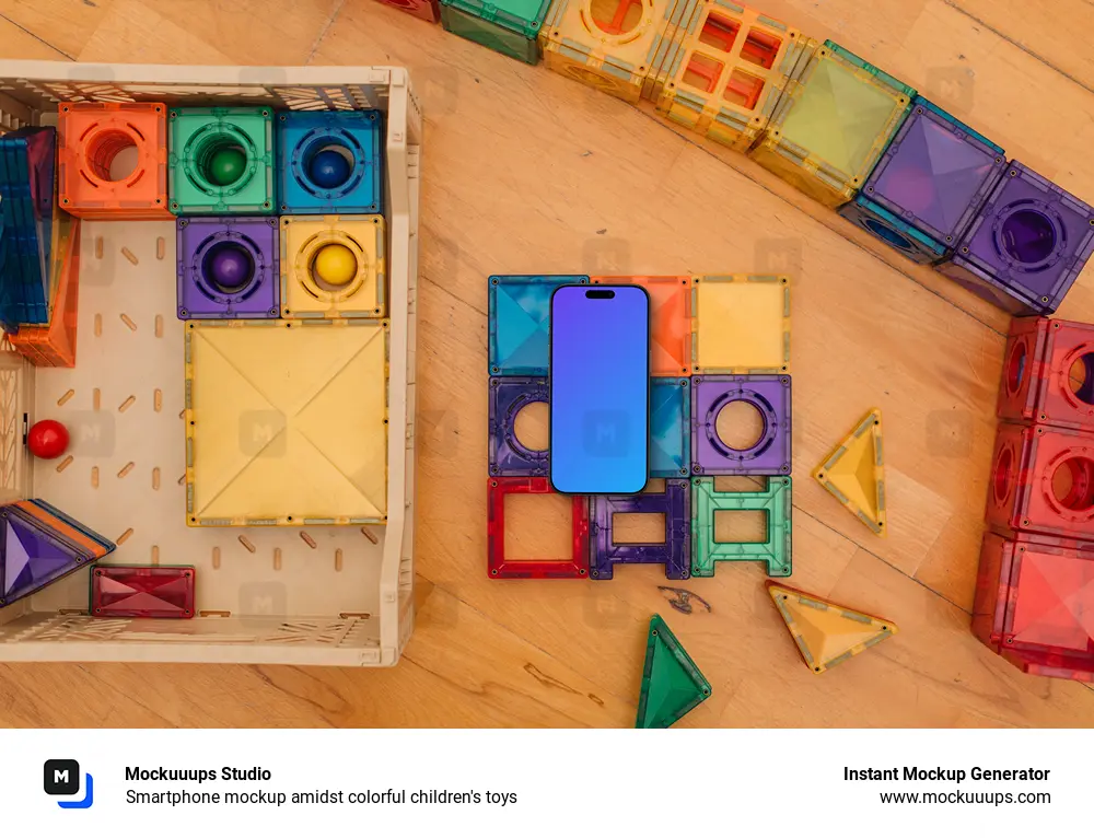 Smartphone mockup amidst colorful children's toys