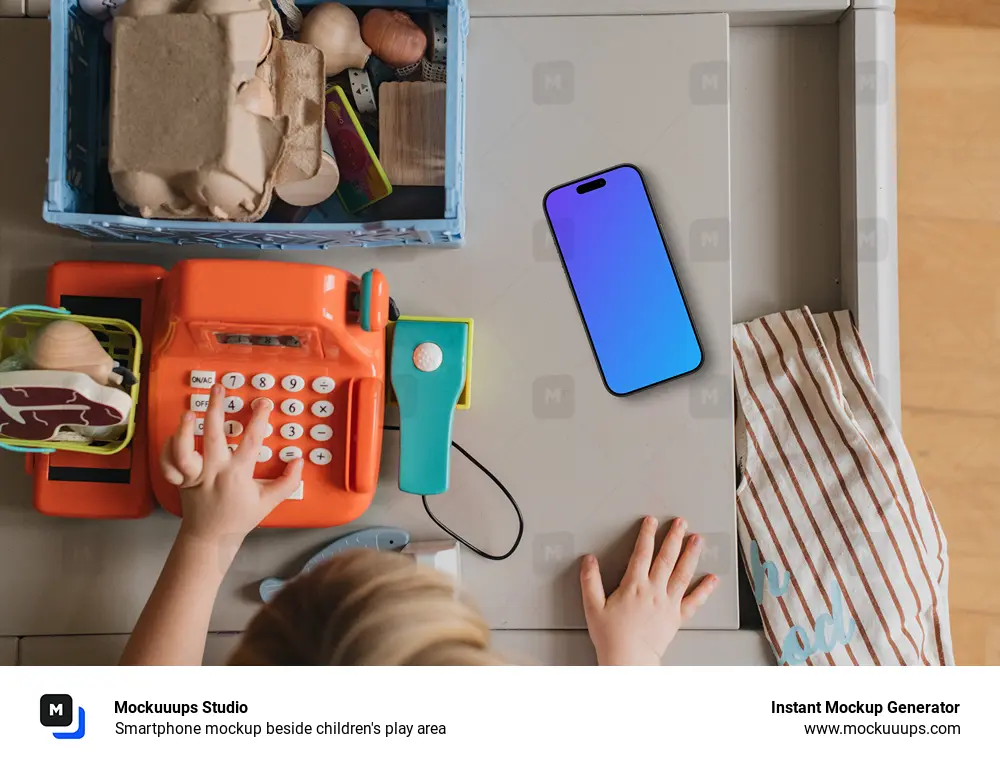 Smartphone mockup beside children's play area