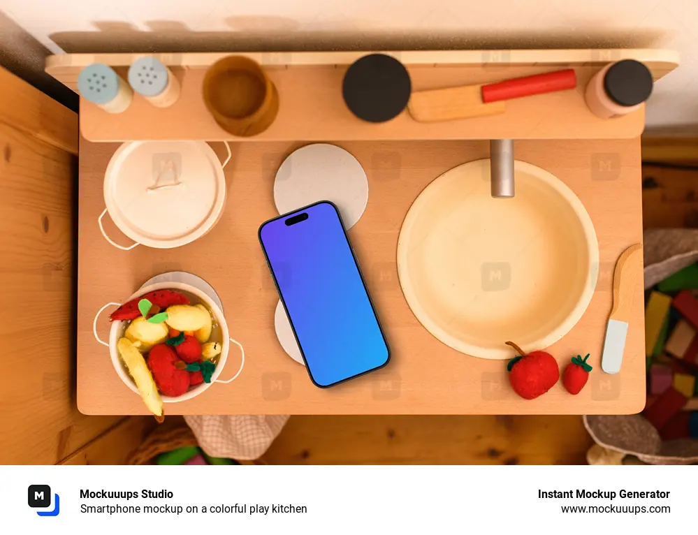 Smartphone mockup on a colorful play kitchen