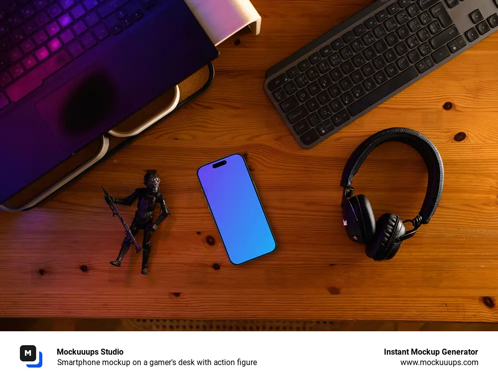 Smartphone mockup on a gamer's desk with action figure