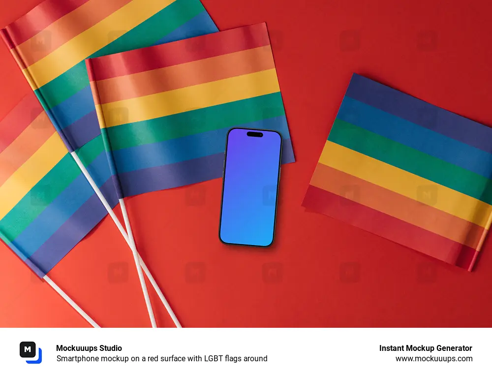 Smartphone mockup on a red surface with LGBT flags around