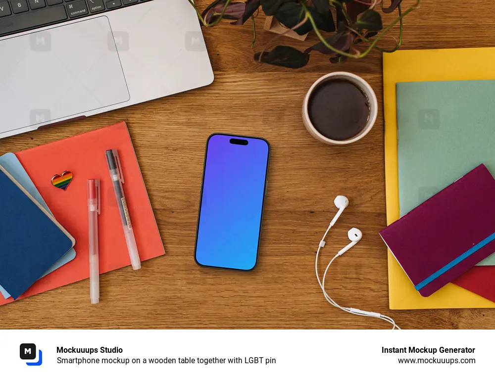 Smartphone mockup on a wooden table together with LGBT pin