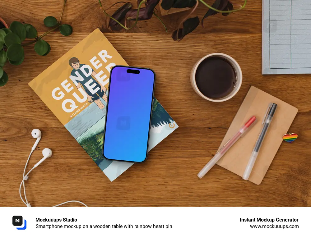 Smartphone mockup on a wooden table with rainbow heart pin