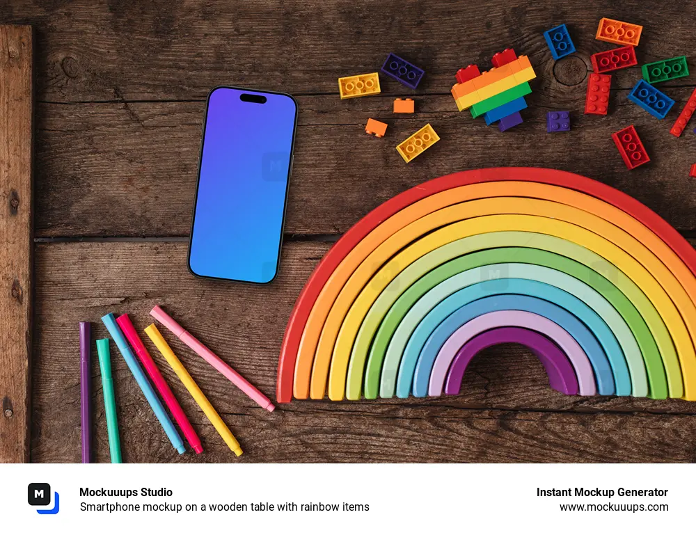 Smartphone mockup on a wooden table with rainbow items