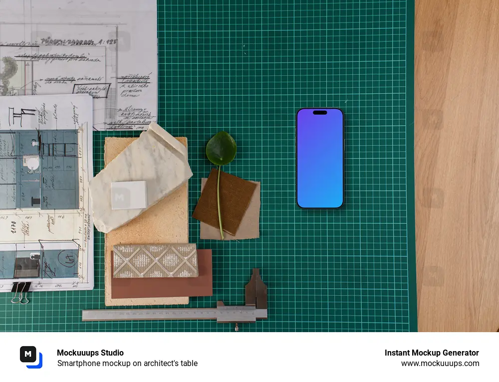 Smartphone mockup on architect's table