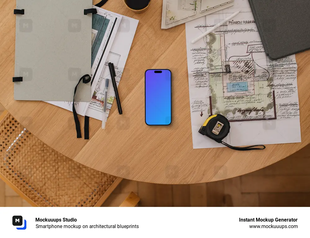 Smartphone mockup on architectural blueprints