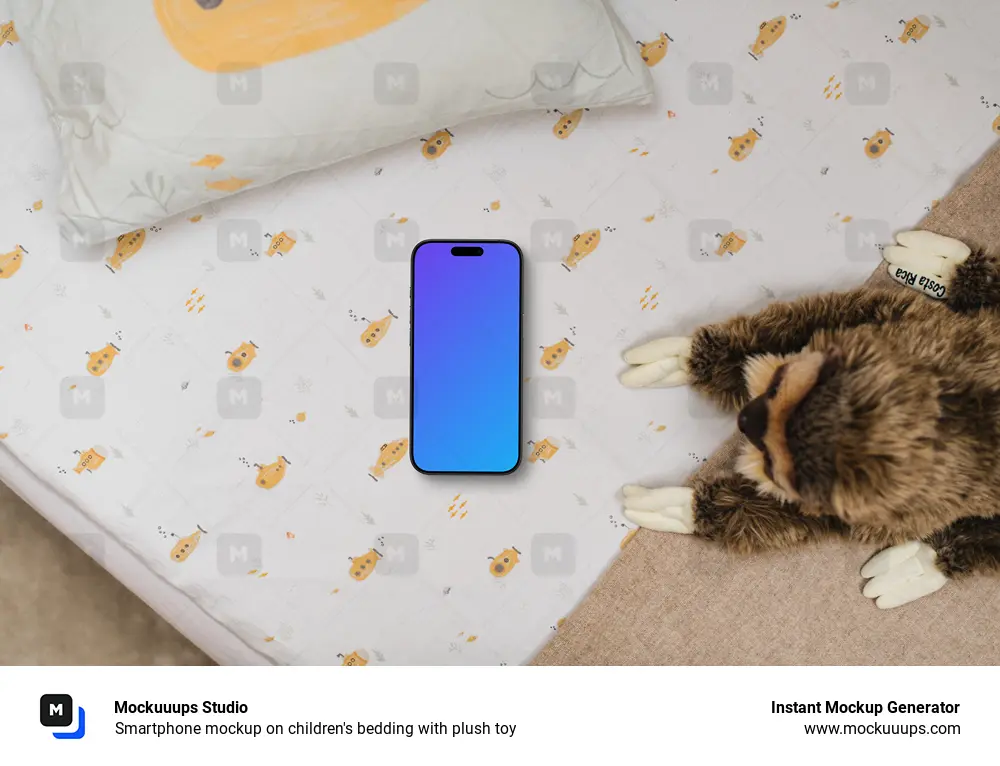 Smartphone mockup on children's bedding with plush toy