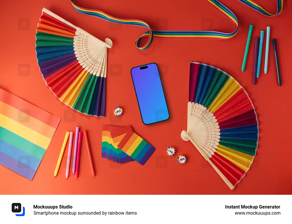 Smartphone mockup surrounded by rainbow items