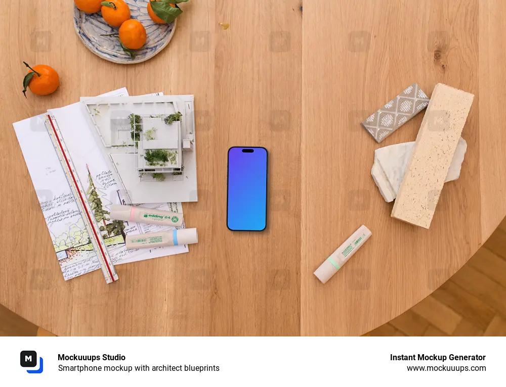 Smartphone mockup with architect blueprints