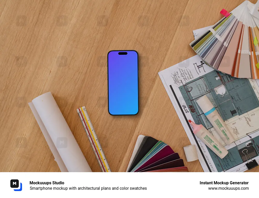 Smartphone mockup with architectural plans and color swatches