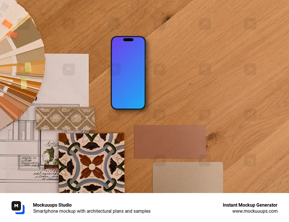 Smartphone mockup with architectural plans and samples