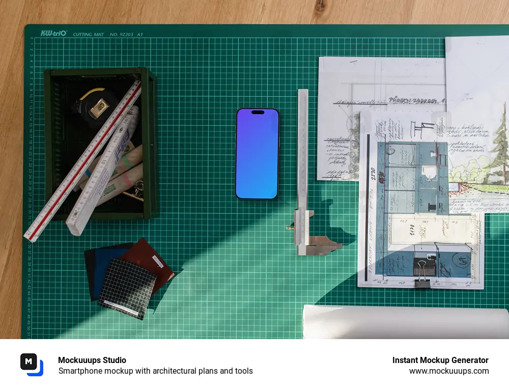 Smartphone mockup with architectural plans and tools