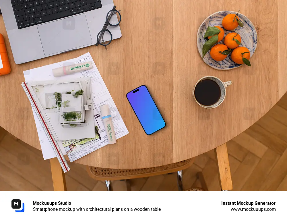 Smartphone mockup with architectural plans on a wooden table