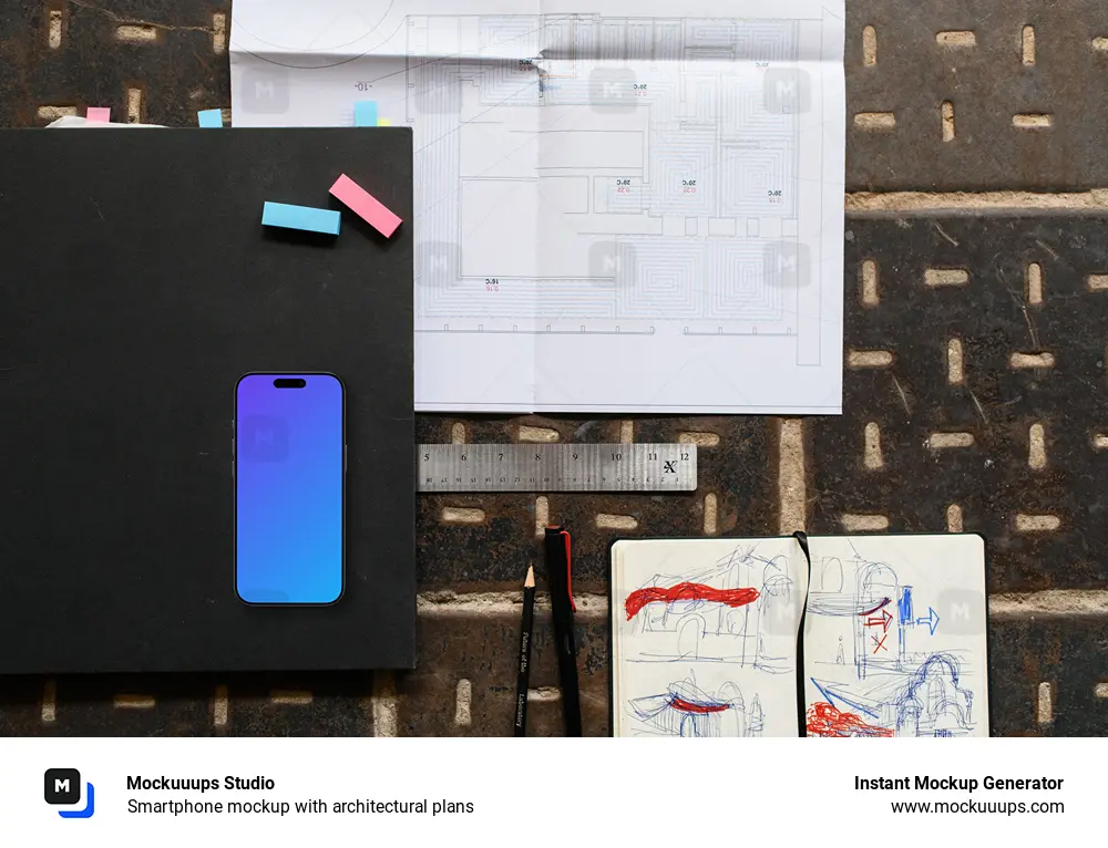 Smartphone mockup with architectural plans