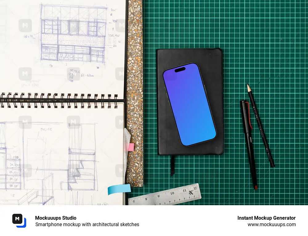 Smartphone mockup with architectural sketches