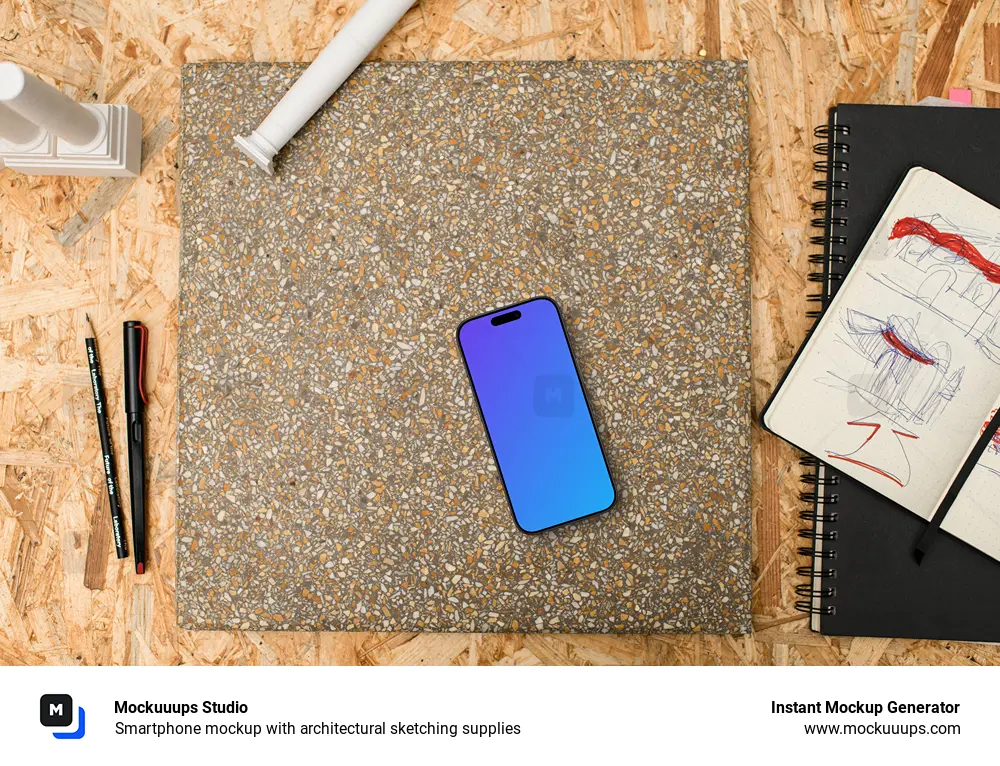 Smartphone mockup with architectural sketching supplies