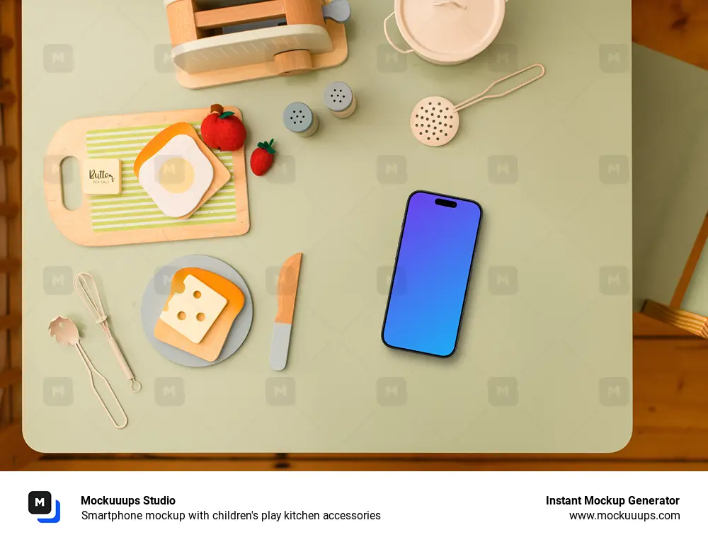 Smartphone mockup with children's play kitchen accessories