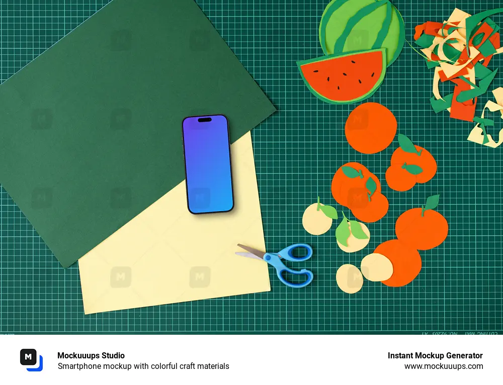 Smartphone mockup with colorful craft materials