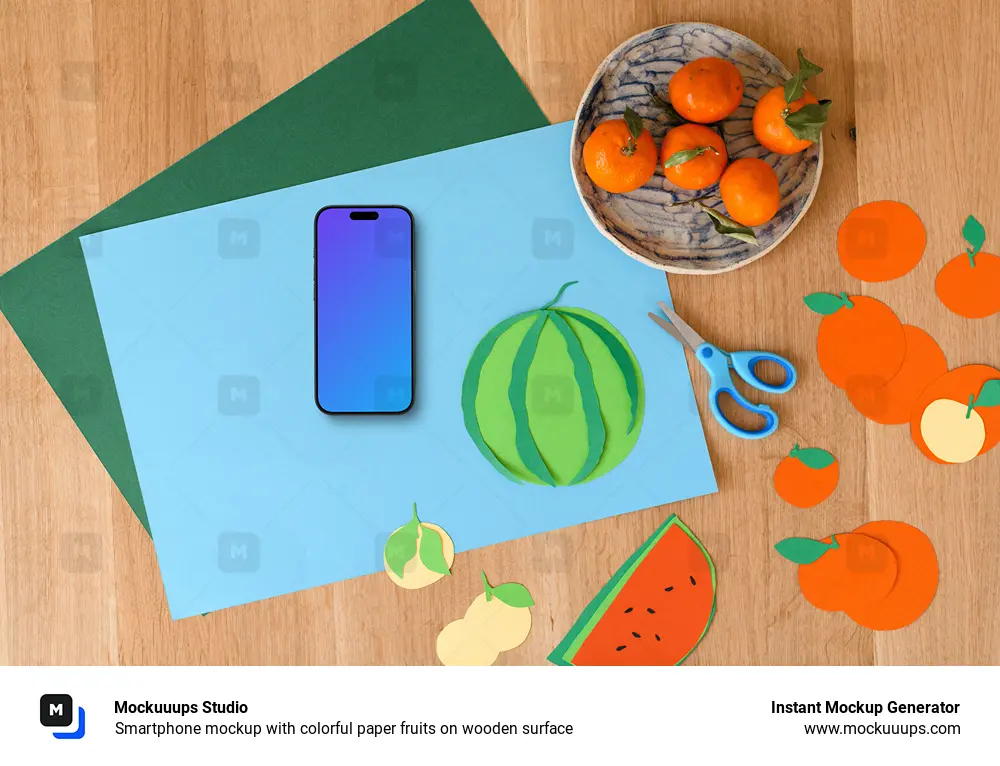 Smartphone mockup with colorful paper fruits on wooden surface