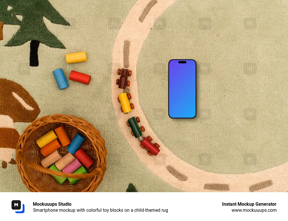 Smartphone mockup with colorful toy blocks on a child-themed rug