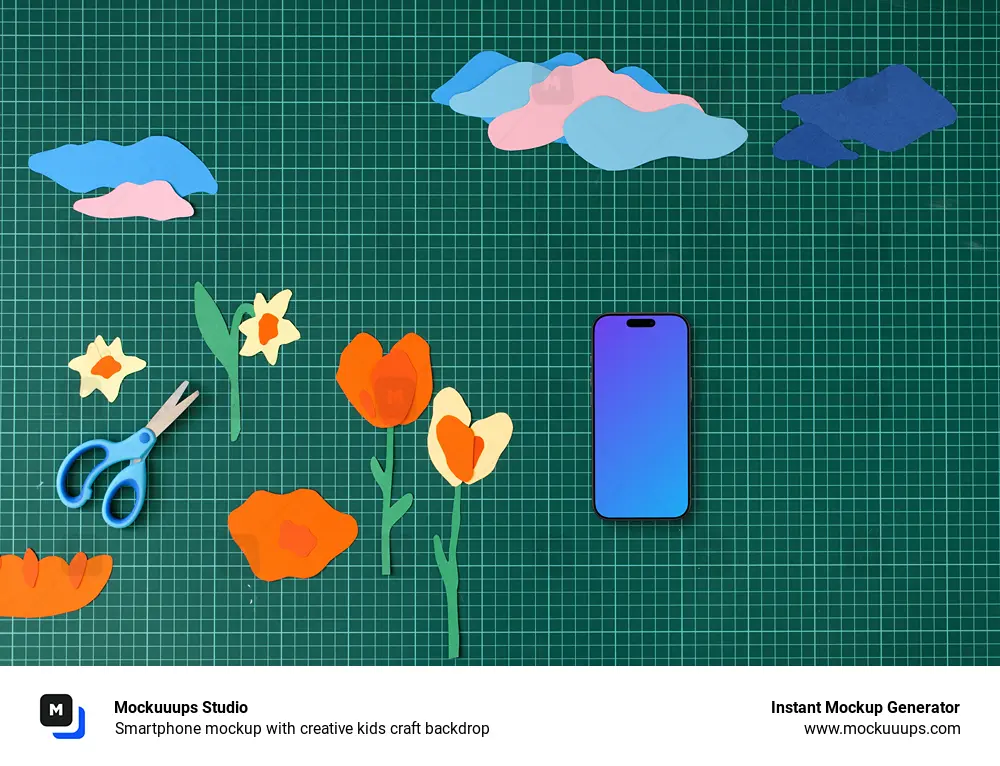 Smartphone mockup with creative kids craft backdrop