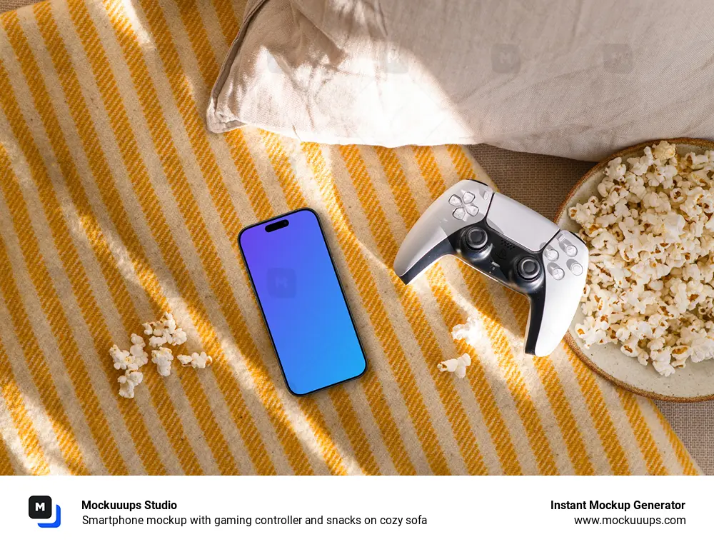 Smartphone mockup with gaming controller and snacks on cozy sofa