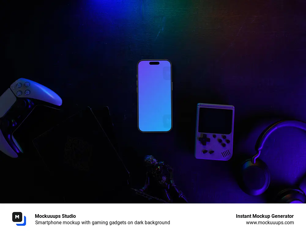 Smartphone mockup with gaming gadgets on dark background