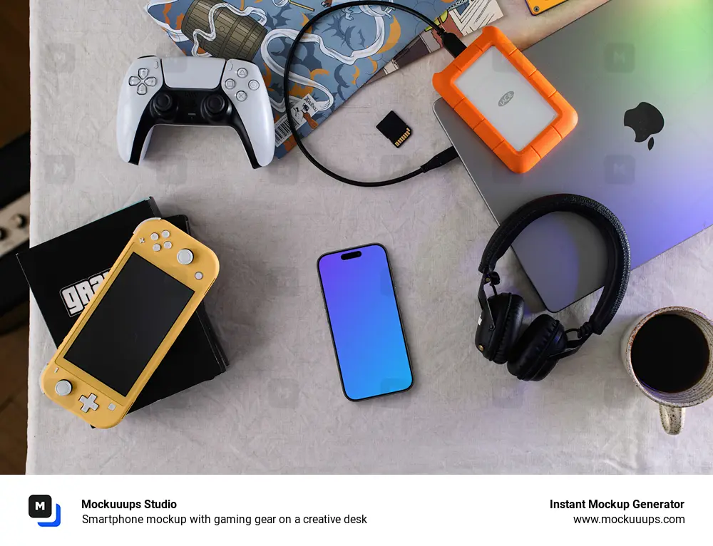 Smartphone mockup with gaming gear on a creative desk