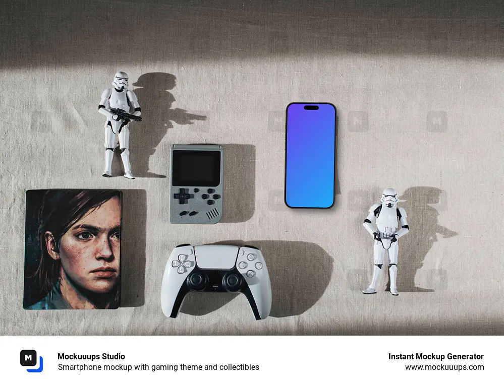 Smartphone mockup with gaming theme and collectibles