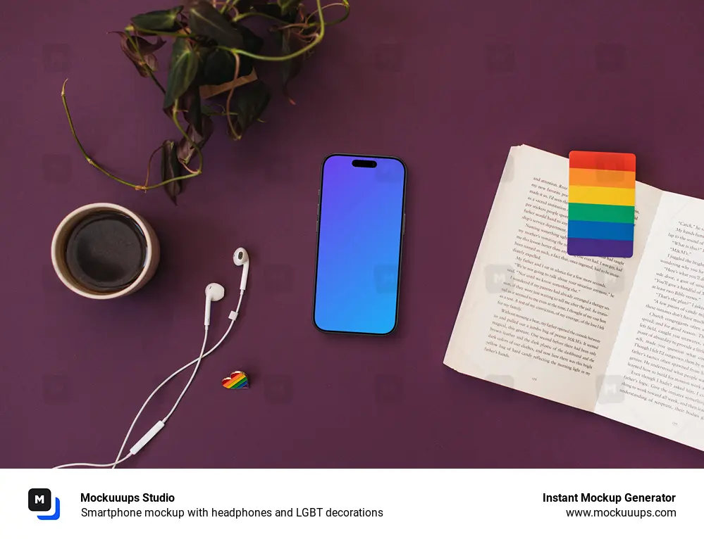 Smartphone mockup with headphones and LGBT decorations