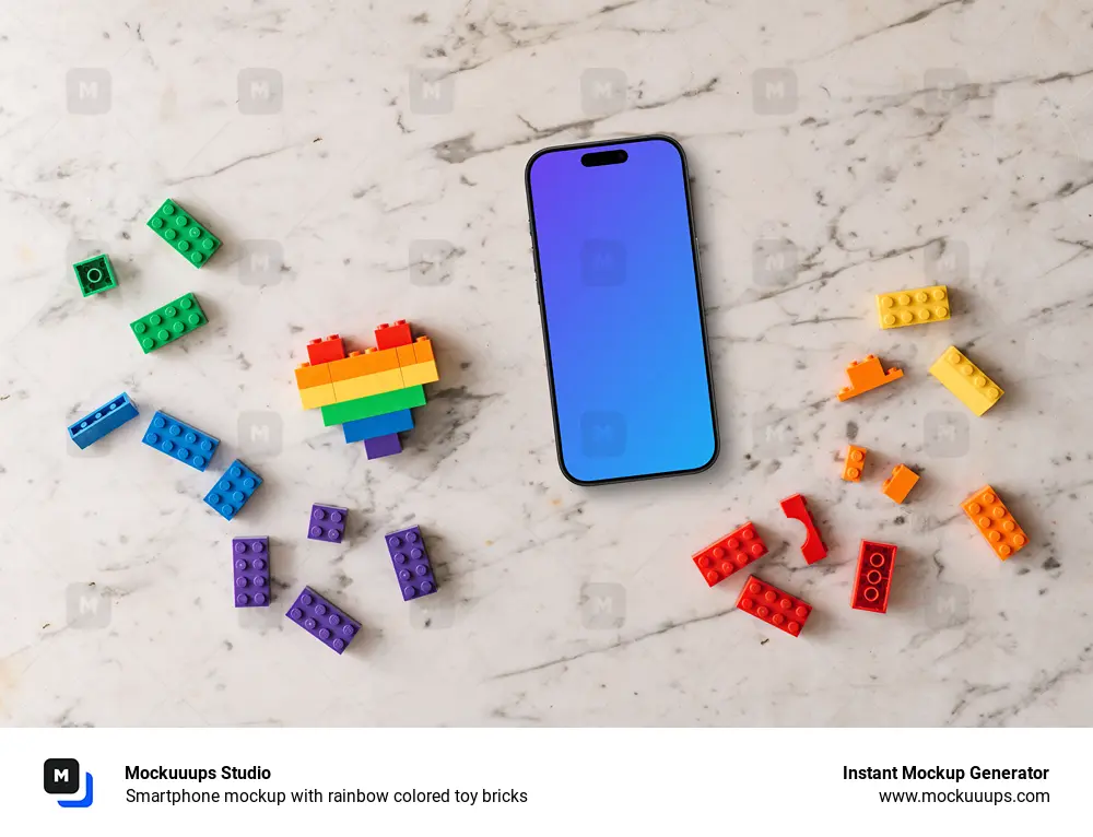 Smartphone mockup with rainbow colored toy bricks