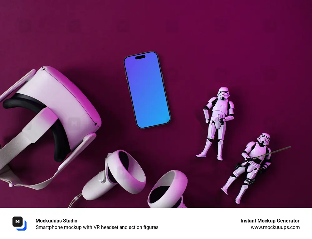 Smartphone mockup with VR headset and action figures