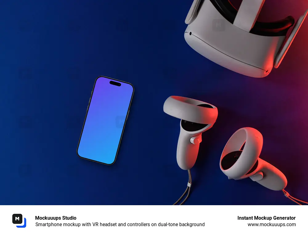 Smartphone mockup with VR headset and controllers on dual-tone background