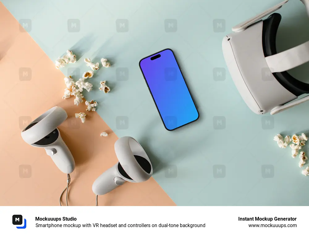 Smartphone mockup with VR headset and controllers on dual-tone background