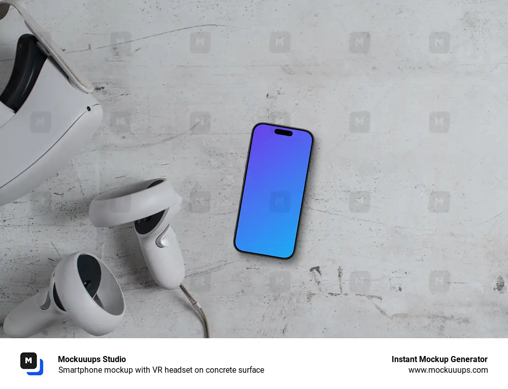 Smartphone mockup with VR headset on concrete surface