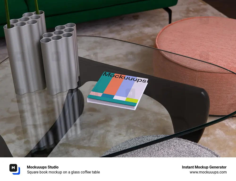 Square book mockup on a glass coffee table