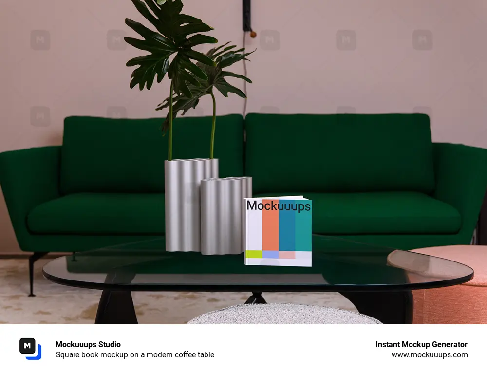 Square book mockup on a modern coffee table