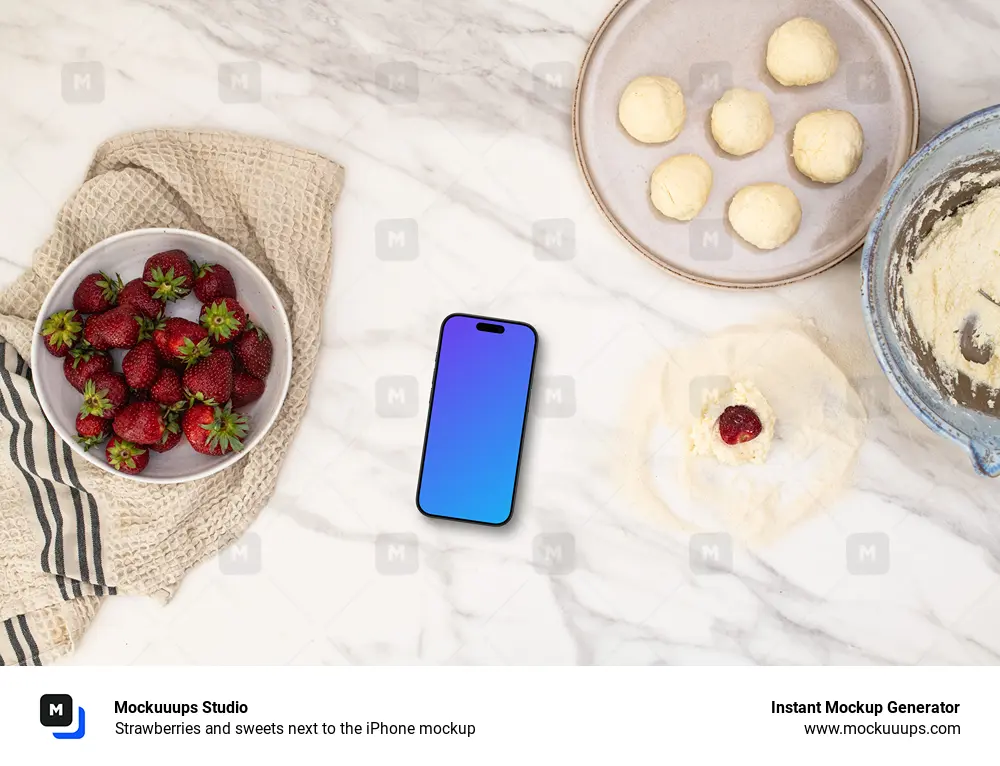 Strawberries and sweets next to the iPhone mockup