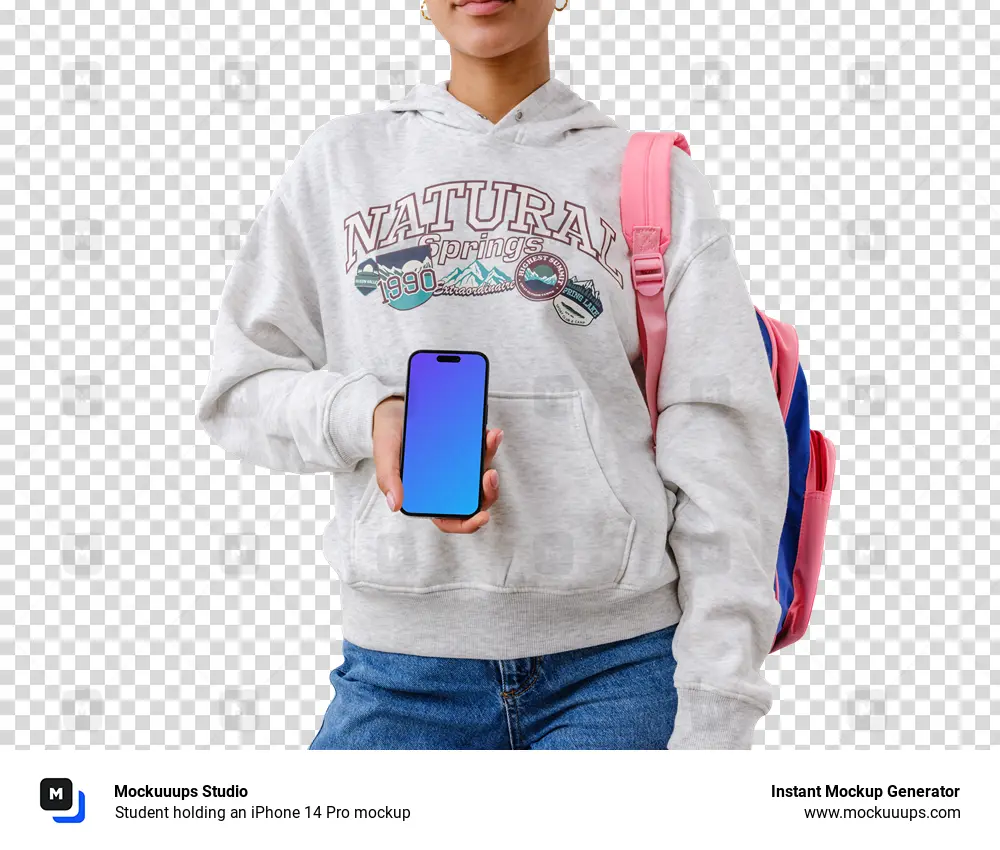 Student holding an iPhone 14 Pro mockup