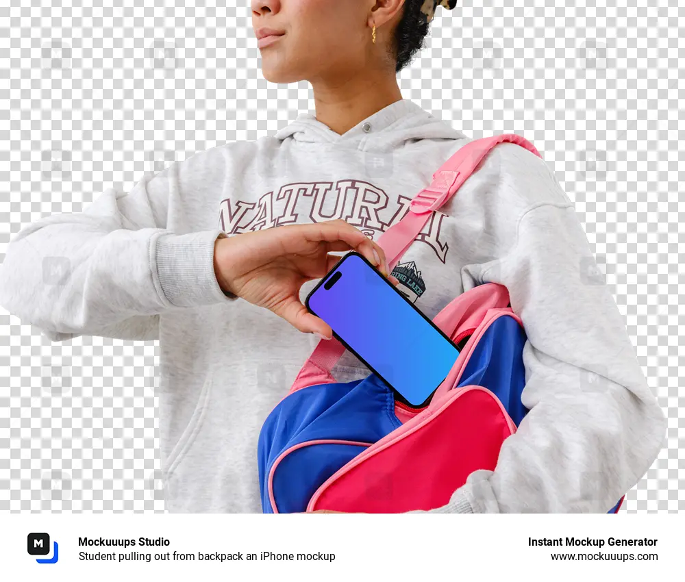 Student pulling out from backpack an iPhone mockup