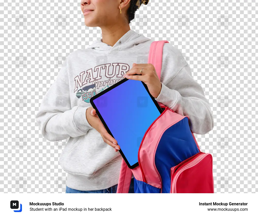 Student with an iPad mockup in her backpack