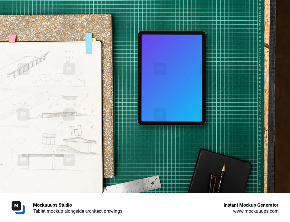 Tablet mockup alongside architect drawings