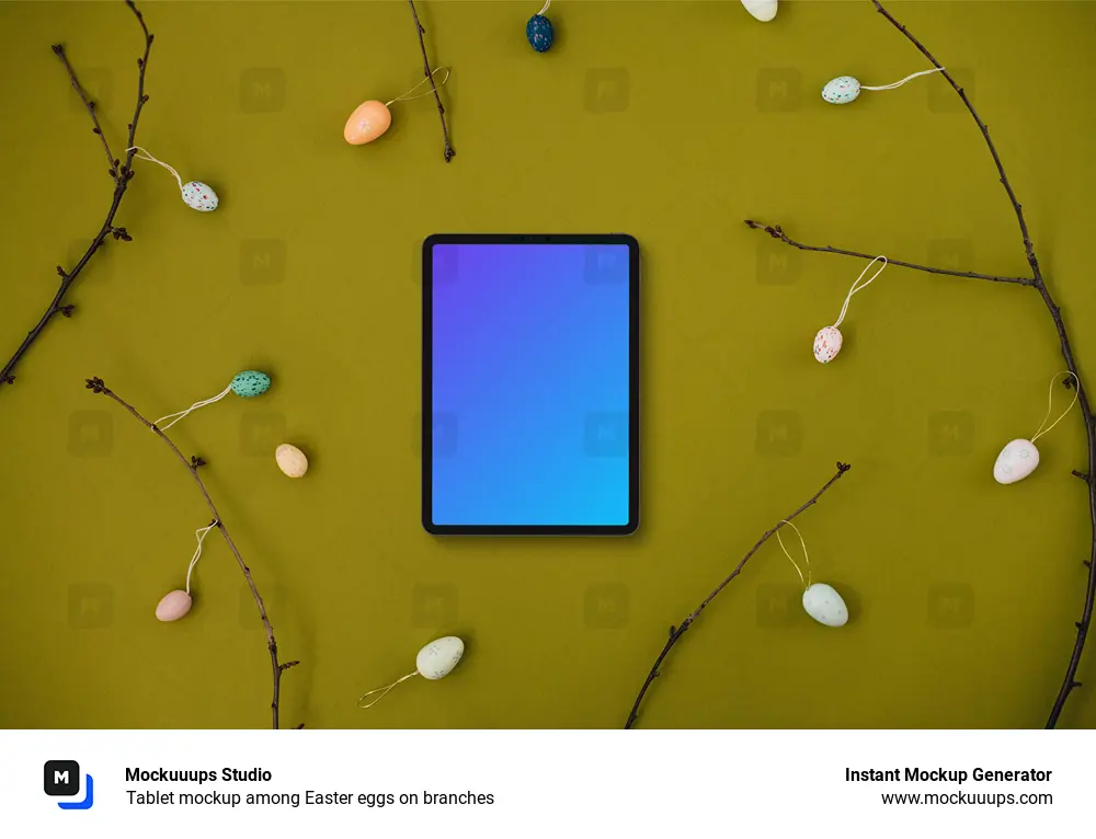 Tablet mockup among Easter eggs on branches