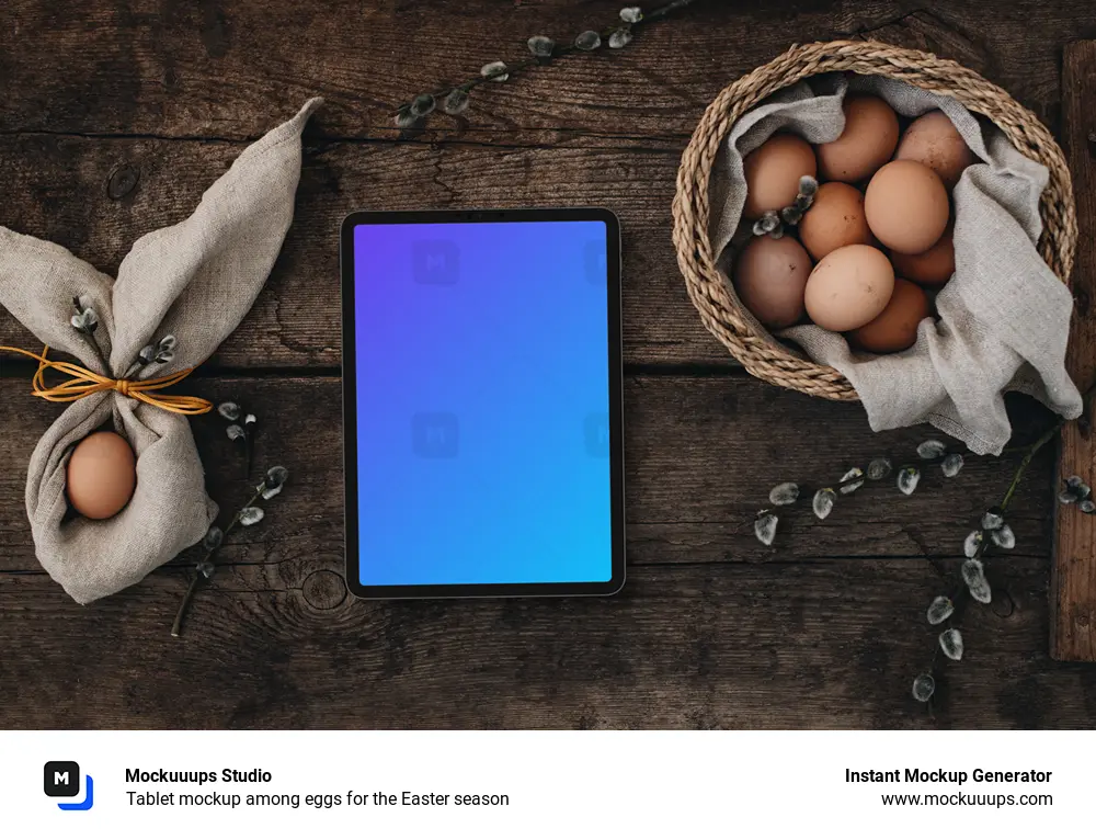 Tablet mockup among eggs for the Easter season