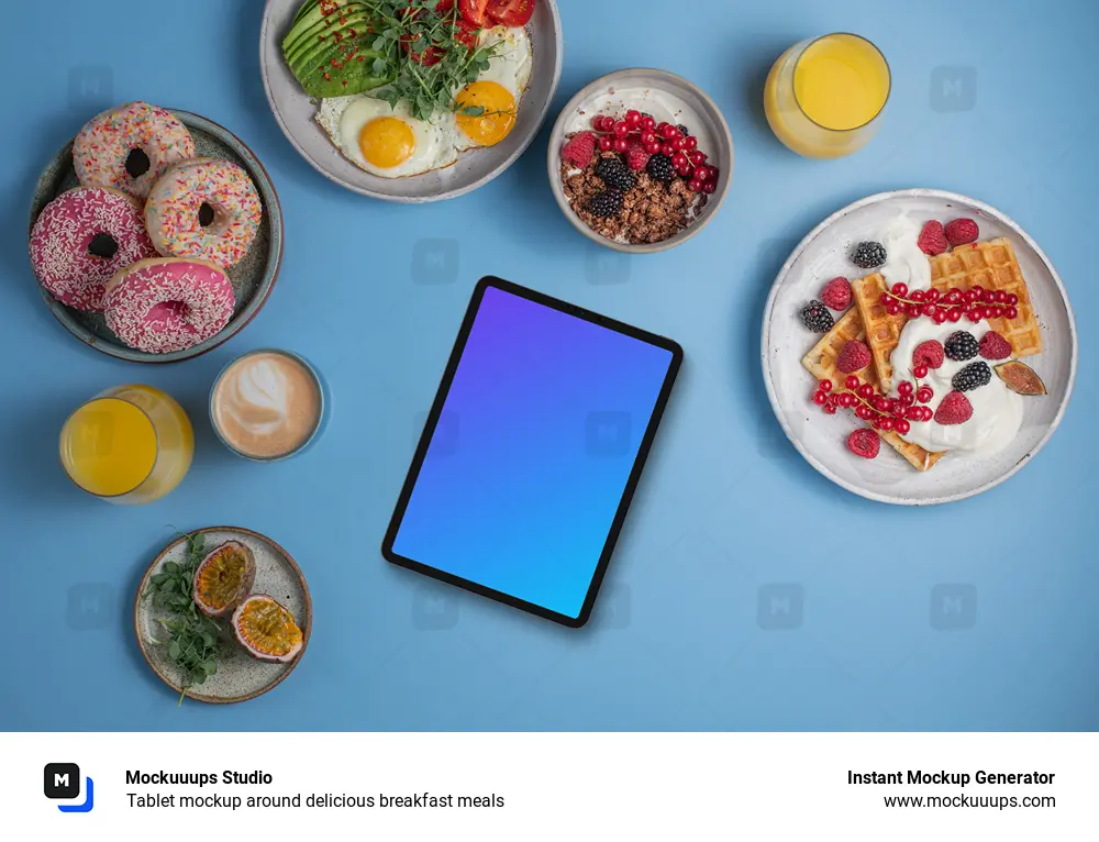 Tablet mockup around delicious breakfast meals