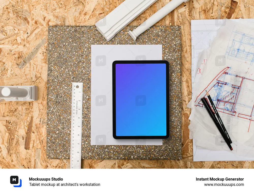 Tablet mockup at architect's workstation