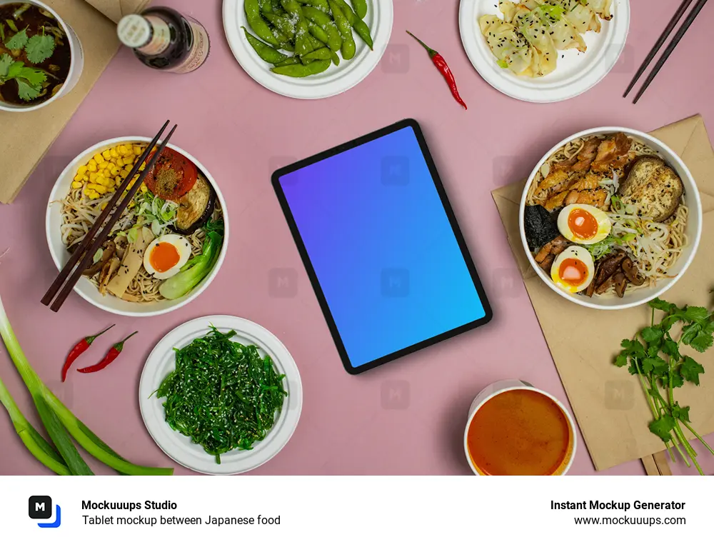 Tablet mockup between Japanese food