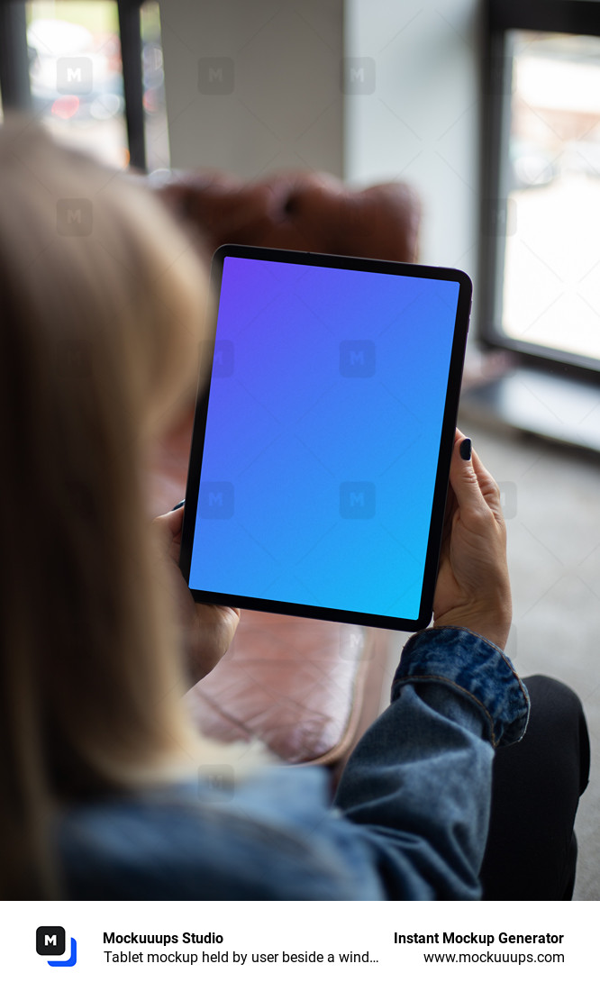 Tablet mockup held by user beside a window